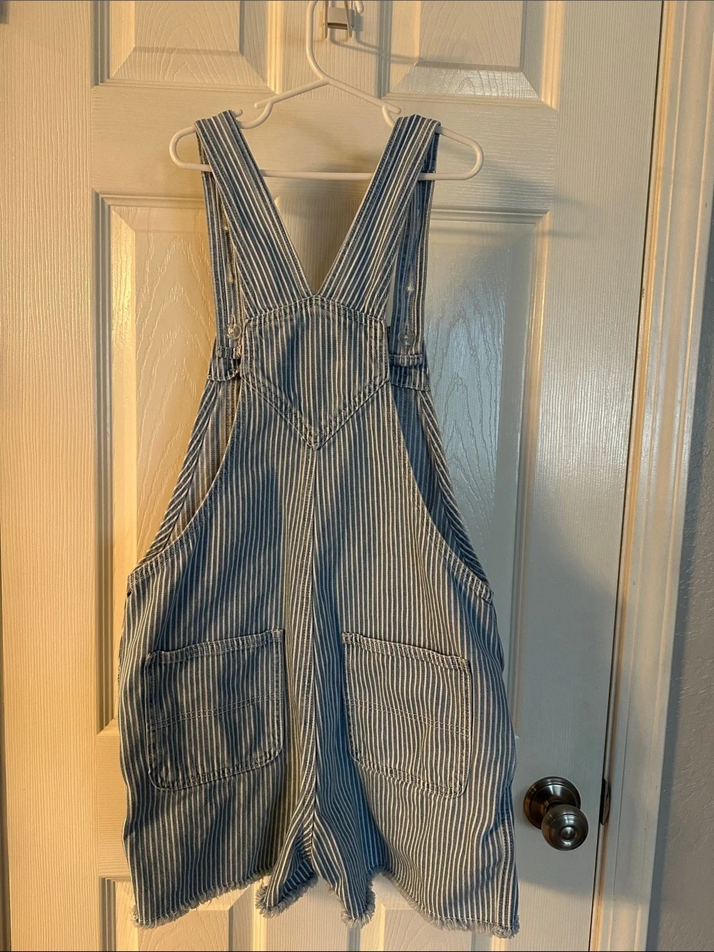 Old Navy Girls’ Blue and White Railroad Striped Raw Hem Short Overalls